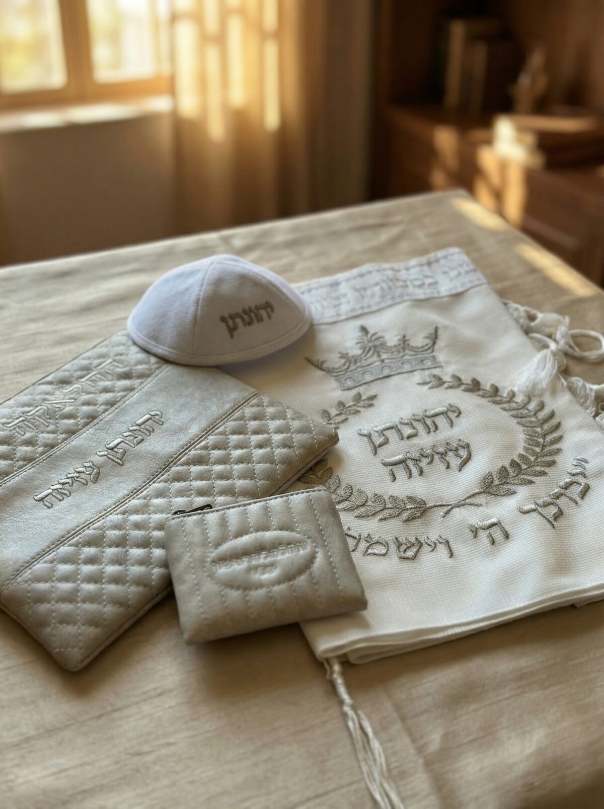 מארז חלאקה בגוון אבן — טלית מהודרת עם רקמה בגוון בז כהה