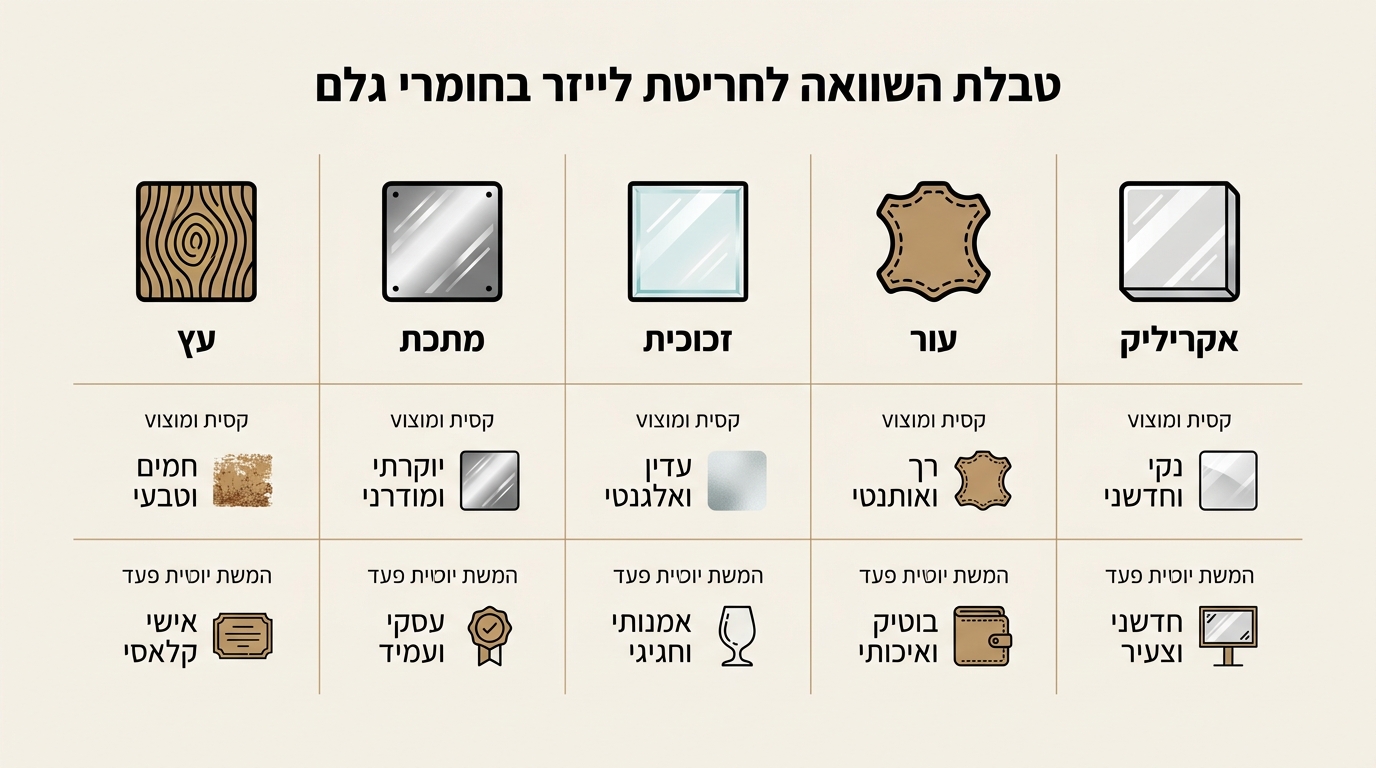 טבלת השוואת חומרים לחריטת לייזר – מראה ויזואלי וסוג הקדשה מומלץ