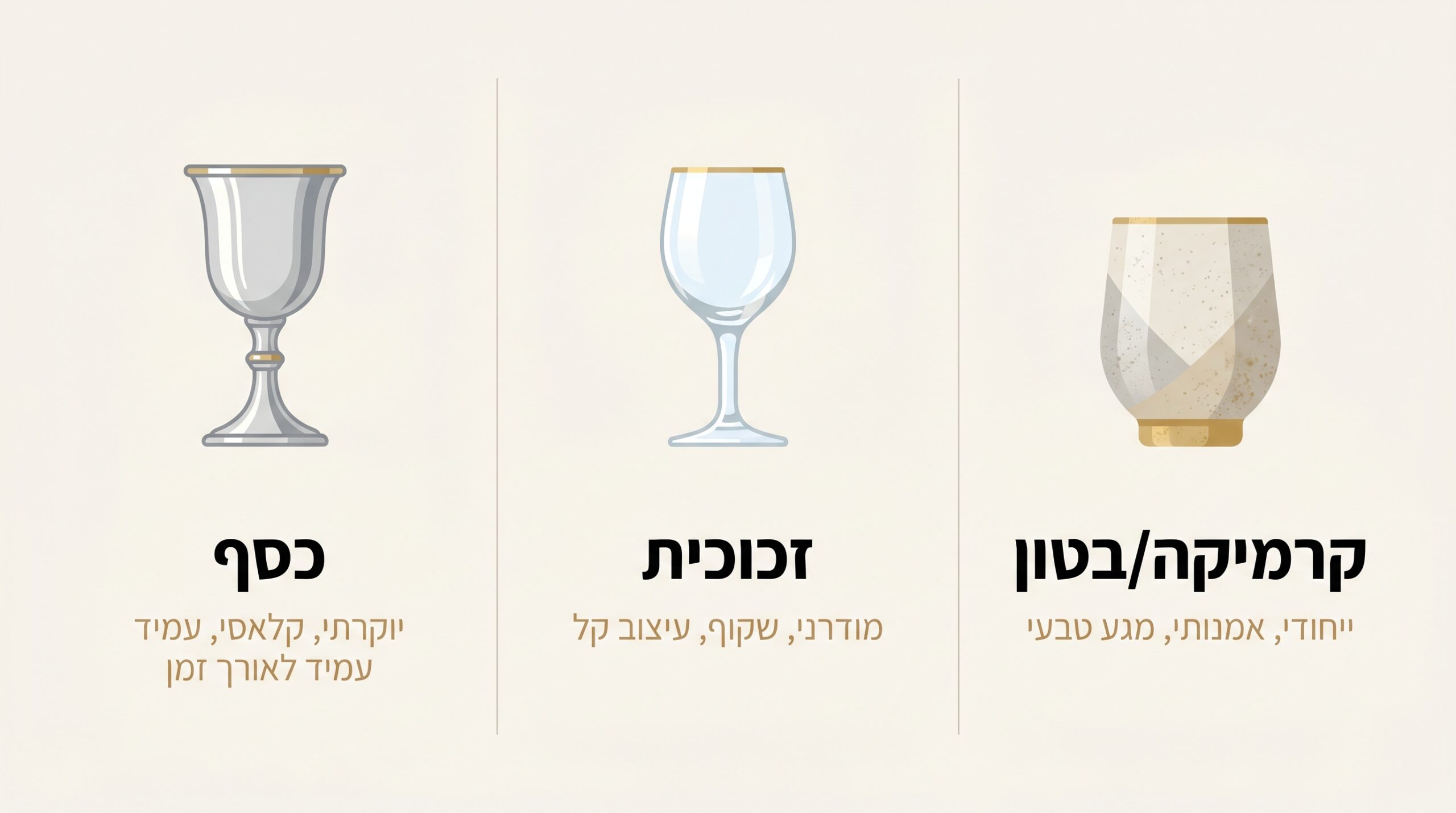 השוואת חומרים לכוס קידוש — כסף, זכוכית וקרמיקה