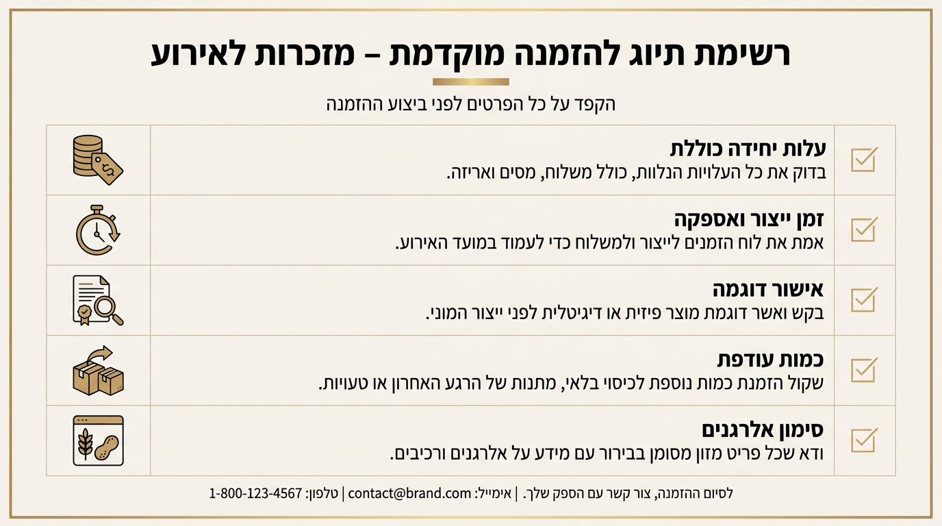 צ'ק-ליסט לבדיקה לפני הזמנה סופית של מזכרות לאירוע