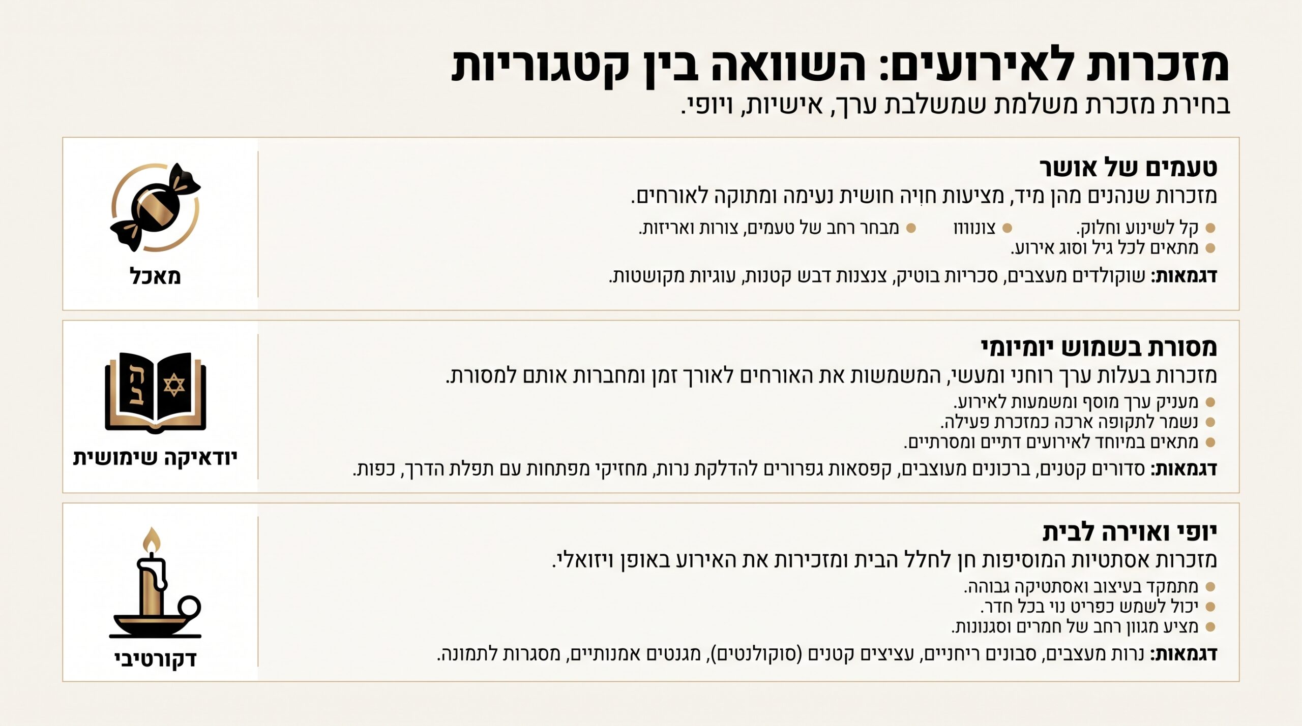 השוואה בין סוגי מזכרות לאירוע — אכילה, שימושית ודקורטיבית