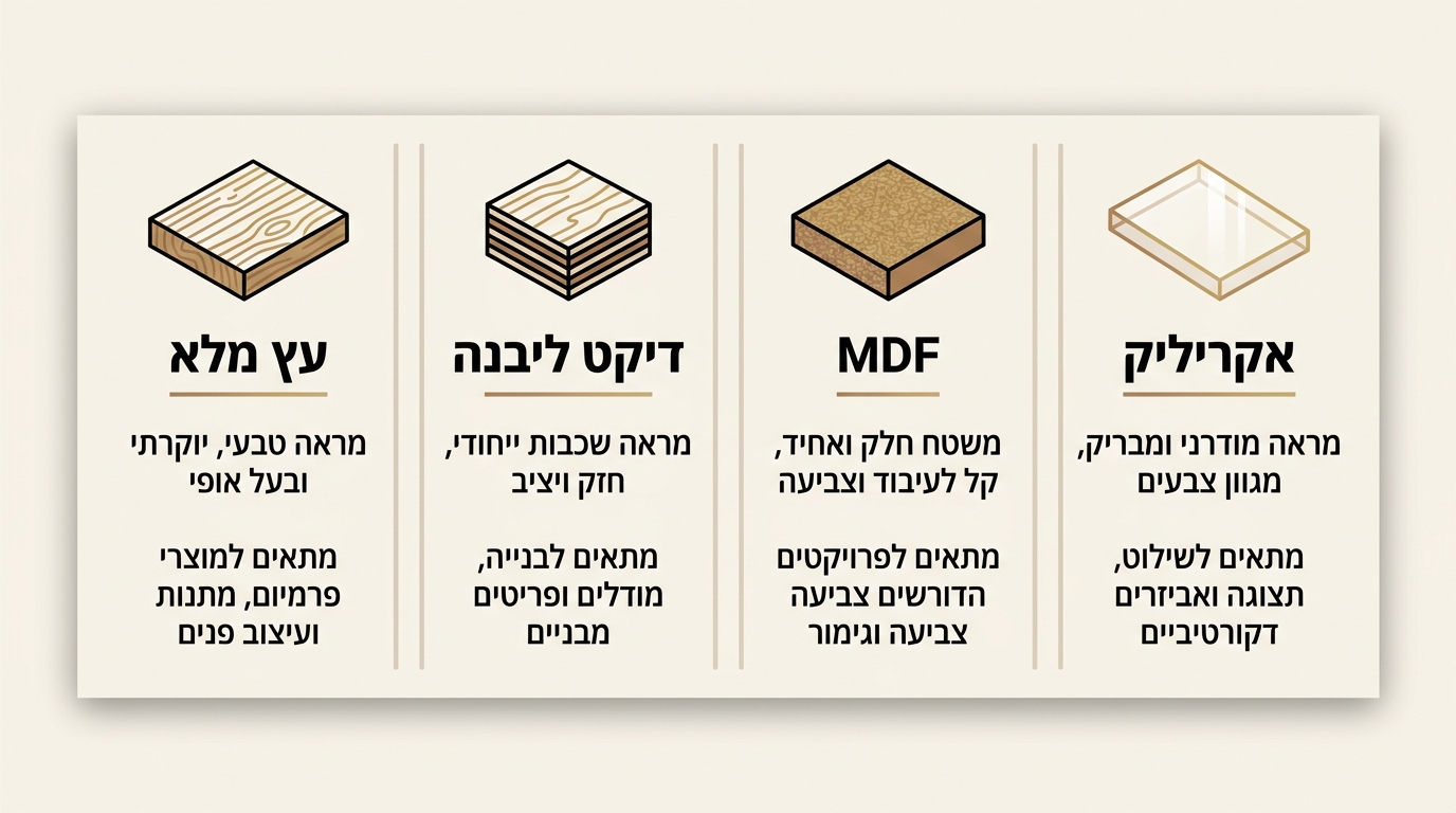 איך בוחרים חומרים למוצרים בלייזר – עץ, דיקט, MDF ואקריליק