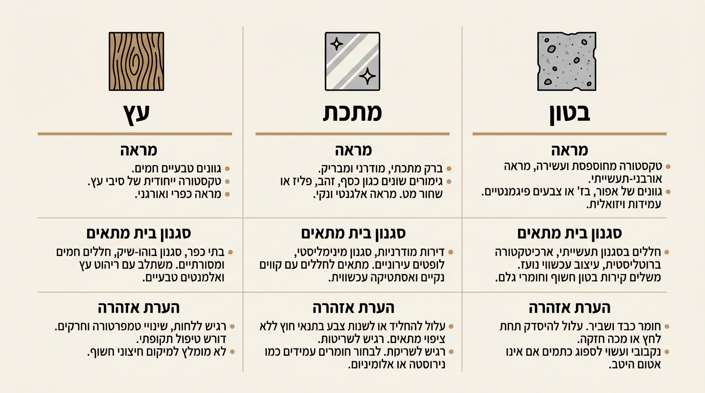השוואה בין עץ מתכת ובטון בעיצוב בתי מזוזה